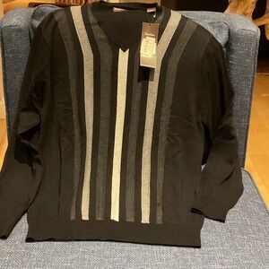 Perry Ellis V-Neck Sweater with Black and Gray Stripes